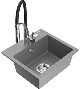Mexen Milo, 1-komorový granitový drez 435x410x171 mm a drezová batéria Aster, šedá, 6505-71-73450-07