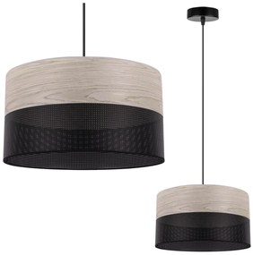 Light Home Závesné svietidlo Wood, 1x svetlobéžová dubová dýha/čierne plastové tienidlo, (fi 30cm)