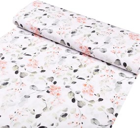Biante Detské bavlnené posteľné obliečky do postieľky Sandra SA-288 Eukalyptus s ružovými kvetmi na bielom Do postieľky 90x140 a 50x70 cm
