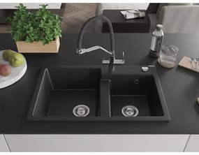 Mexen Tomas, 2-komorový granitový drez 800x500x190 mm  a kuchynská batéria Duo, čierna, 6516-77-671701-07