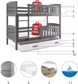 Poschodová posteľ KUBO 190x90 | grafitová - biela