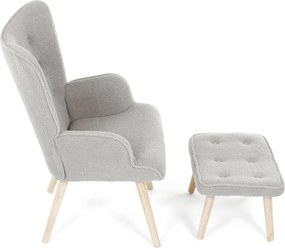 Relaxačné kreslo ušiak ROMEO II + taburet — masívne drevo, látka  bouclé, prírodná / sivá