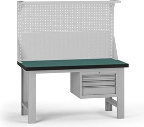 Pracovný stôl do dielne G8 s nadstavbou, 1500 x 750 x 800 mm, 1x kontejner, 3 zásuvky, sivá