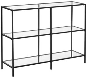 Sklenený konzolový stolík s 3 policami, oceľový rám, čierny