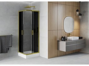 Mexen Rio, štvorcový sprchovací kút s posuvnými dverami 80(dvere) x 80(dvere) x 190 cm, 6mm šedé sklo, zlatý profil + biela sprchová vanička RIO, 860-080-080-50-40-4510
