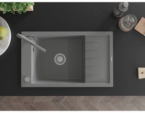 Mexen Elias, 1-komorový granitový drez 795x480x200 mm a drezová batéria Flora, šedá, 6511-71-670401-06
