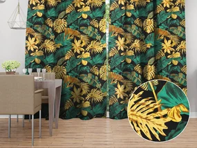 Biante Bavlnený záves Sandra SA-603 Zeleno-zlaté tropické listy na čiernom 150x230 cm