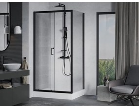 Mexen Apia, sprchový kút s posuvnými dverami 120 (dvere) x 90 (stena) cm, 6mm číre sklo, čierny profil + biela sprchová vanička RIO, 840-120-090-70-00-4510