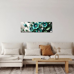 Obraz - 3D tyrkysové kvety (s hodinami) (90x30 cm)