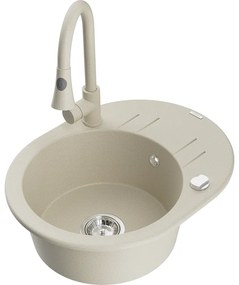 Mexen Kevin, 1-komorový granitový drez 586x458x190 mm a drezová batéria Elia, béžová, 6517-69-670101-69