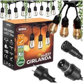 BERGE Záhradné svetlo Garland 20m +21x LED žiarovka 1W Vonkajšia vodeodolná