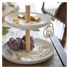 Biely stojan s 2 úložnými miskami a detailom z bukového dreva YAMAZAKI Tosca