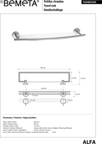 Bemeta Design ALFA: Polička, 620 mm, s hrazdou, sklo - 102402243