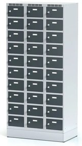 Alfa 3 Šatníková skrinka S6 na sokli s úložnými boxami, 30 boxov, 1920 x 900 x 500 mm, otočný zámok, tmavosivé dvere