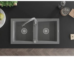 Mexen Mario, 2-komorový granitový drez 820x436x161 mm a drezová batéria Savita, šedá, 6504-71-672601-71