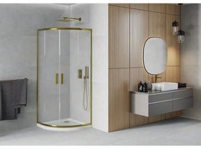 Mexen Rio, štvrťkruhový sprchovací kút s posuvnými dverami 80(dvere) x 80(dvere) x 190 cm, 6mm sklo námraza, zlatý profil + biela sprchová vanička SLIM, 863-080-080-50-30-4110G