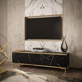 TV skrinka JACOB 135 cm čierny kráľovský mramor + zlatá, zlaté nôžky