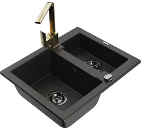 Mexen Carlos, 1,5-komorový granitový drez s odkvapkávačom 582x475x177 mm a zlatá kuchynská batéria Rita, čierna - zlatá metalíza, 6518-75-670300-50-B