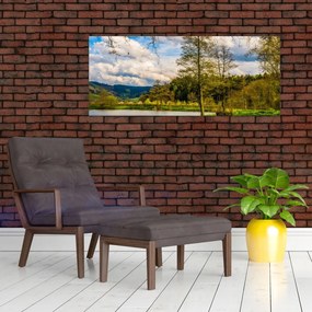 Obraz loďky pri jazere (120x50 cm)