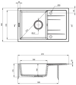 Deante Corio, granitový drez na dosku 670x440x175 mm + drezová batéria s ramenom v tvare "U" grafitová + 3,5" + priestorovo úsporný sifón, 1-komorový, grafitová, ZRCA2113