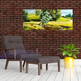 Obraz - Rieka medzi lúkami, olejomaľba (120x50 cm)