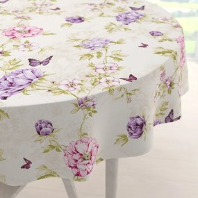 Biante Bavlnený okrúhly obrus Sandra SA-532 Fialové kvety s motýlikmi na svetlo krémovom Ø 70 cm