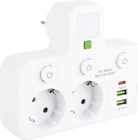 Toolight Toolight, JNH017, zásuvkový rozbočovač 2 zásuvky + 2× USB-A + USB-C s LED svetlom, biela, OSW-56309