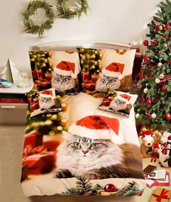 3 dielne 3D obliečky Polycotton Vianočné Cat 200x140cm+90x70cm