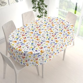 Biante Veľkonočný teflónový oválny obrus TF-075 Farebné kraslice a pierka na bielom 50x100 cm