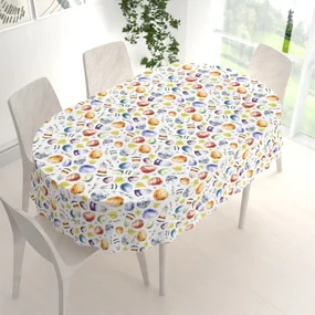 Biante Veľkonočný teflónový oválny obrus TF-075 Farebné kraslice a pierka na bielom 140x180 cm