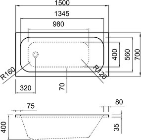 Erga Pureline-O, vaňa 1500x700x400 mm bez nožičiek, biela lesklá, ERG-V07-PURELINE-O-150x070-WH
