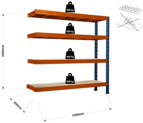 Nekonečný průmyslový regál 2000x2400x600, 4 police, přístavek Barva: Oranžová a modrá RNC-MGL6024-2000-4-PRISTAVEK