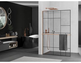 Mexen Kioto+ L, sprchová zástena Walk-In s poličkou a vešiakom 70 x 200 cm, 8mm číre sklo čierny vzor, medený matný profil, 800-070-123-65-78