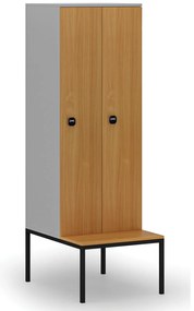 Drevená šatníková skrinka s lavičkou, 2 oddiely, 1871 x 600 x 500/800 mm, demont, RFID zámok, sivá/buk