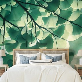 Samolepiaca tapeta zelené listy ginka v žiare svetla