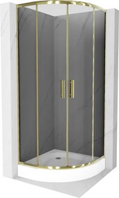 Mexen Rio, štvrťkruhový sprchovací kút s posuvnými dverami 70(dvere) x 70(dvere) x 190 cm, 6mm šedé sklo, zlatý profil + biela sprchová vanička RIO, 863-070-070-50-0-4710