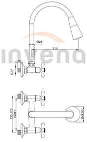 Invena Roma, nástenná batéria s elastickým ramenom 150mm, čierna-chrómová, INV-BC-24-E4S-L