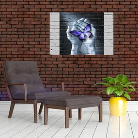 Obraz - Fialový motýľ na stene (90x60 cm)