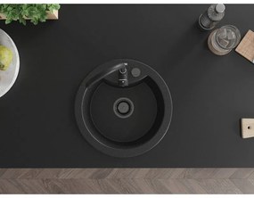 Mexen Diego, granitový drez 488x488x167 mm, 1-komorový, čierna-strieborná metalíza s čiernym sifónom, 6512481000-73-B