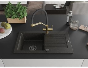 Mexen Pablo, granitový drez 752x436x161 mm, 1-komorový a drezová batéria Duo, čierna-zlatá metalíza, 6510-75-671701-57-B