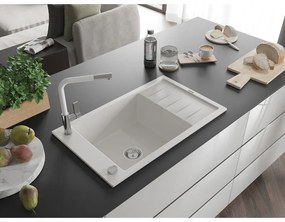 Mexen Elias, 1-komorový granitový drez 795x480x200 mm a drezová batéria Flora, biela, 6511-20-670401-02