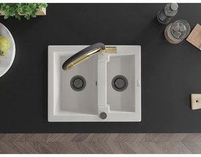 Mexen Carlos, 1,5-komorový granitový drez 582x475x177 mm a drezová batéria Duo, biela, 6518-20-671701-57-B