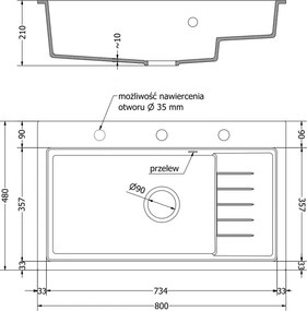 Mexen Omar, 1-komorový granitový drez 800x480x210 mm, šedá, zlatý sifón, 6520801005-71-G