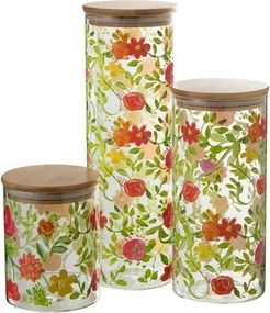 Sklenená dóza na potraviny s dreveným viečkom a kvetmi Floral glass - Ø10*30cm / 1900ml