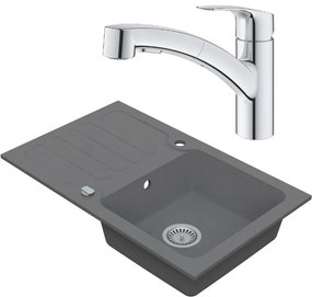 Vima Drezový set Grohe 5/C - Granitový drez s odkvapkávacou plochou 780x480 mm, sivá + Drezová batéria Grohe Eurosmart