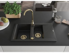 Mexen Gaspar, granitový drez 737x475x177 mm, 1,5-komorový, čierna-strieborná metalíza so zlatým sifónom, 6507731505-73-G