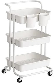 Mobilný vozík na kolieskach s 3 úložnými policami, s rukoväťou, biely