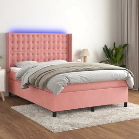 Posteľný rám boxsping s matracom a LED ružový 140x190 cm zamat 3139804
