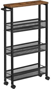 Servírovací vozík, úzka polička na kolieskach, kovový rám, rustikálny hnedý