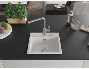 Mexen Milo, 1-komorový granitový drez 435x410x171 mm a drezová batéria Flora, biela, 6505-20-670401-06